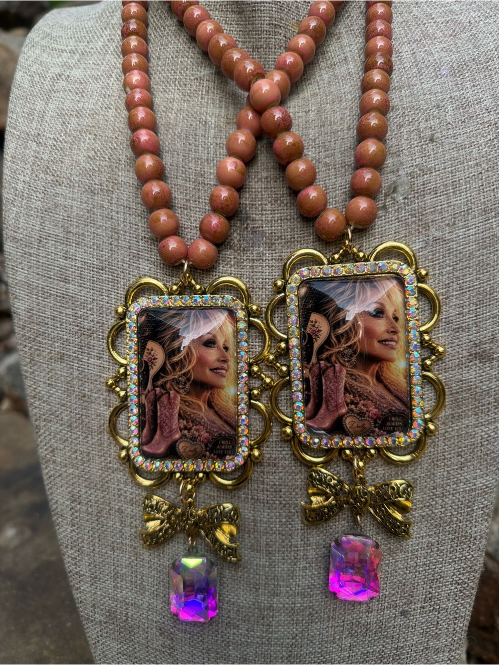 Dolly Portrait Vintage Style Pink Beaded Statement Necklace with Gold Frame